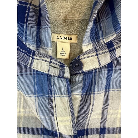 L.L. Bean Blue Plaid Hoodie Button-Up Flannel Shacket Women Size L Jacket Shirt - Picture 3 of 8